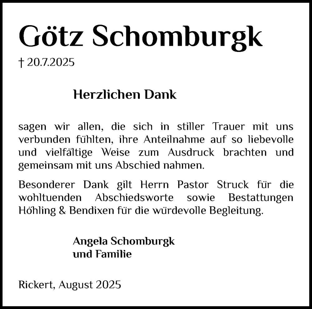  Traueranzeige für Götz Schomburgk vom 06.09.2025 aus Schleswig-Holsteinische Landeszeitung