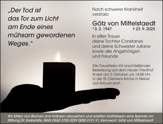 Traueranzeige von Götz von Mittelstaedt von Der Insel-Bote