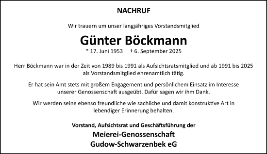 Traueranzeige von Günter Böckmann von MARKT Ratzeburg/Mölln