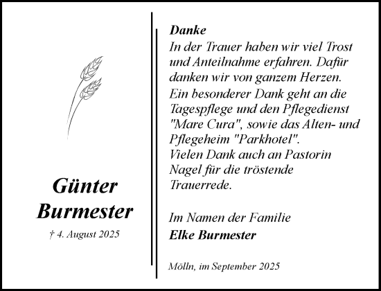 Traueranzeige von Günter Burmester von MARKT Ratzeburg/Mölln