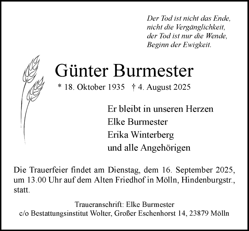  Traueranzeige für Günter Burmester vom 06.09.2025 aus MARKT Ratzeburg/Mölln