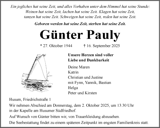 Traueranzeige von Günter Pauly von Husumer Nachrichten, Nordfriesland Tageblatt
