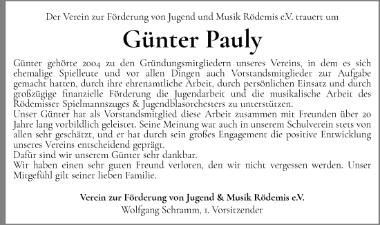 Traueranzeige von Günter Pauly von Husumer Nachrichten, Nordfriesland Tageblatt