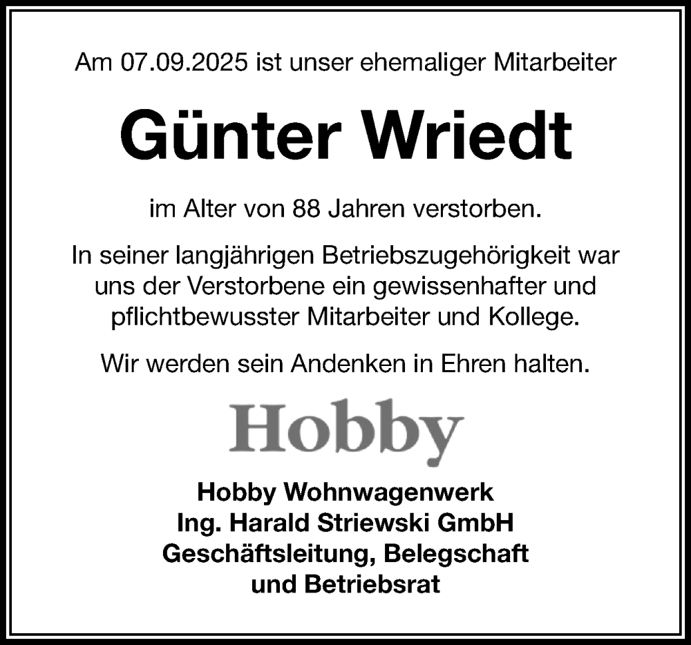  Traueranzeige für Günter Wriedt vom 24.09.2025 aus Schleswig-Holsteinische Landeszeitung