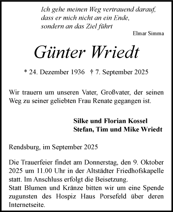 Traueranzeige von Günter Wriedt von Schleswig-Holsteinische Landeszeitung