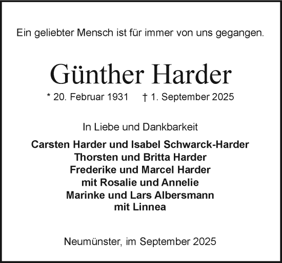 Traueranzeige von Günther Harder von Holsteinischer Courier