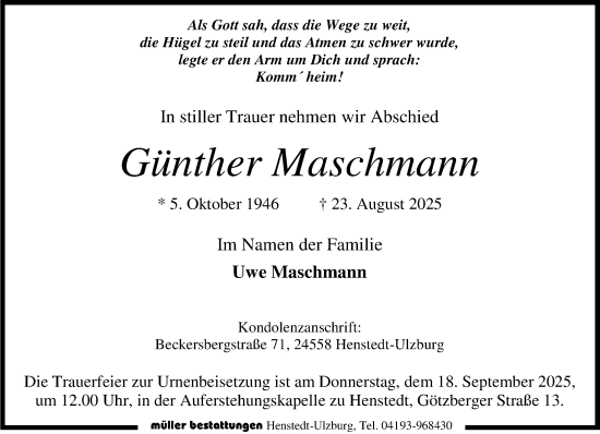 Traueranzeige von Günther Maschmann von Umschau
