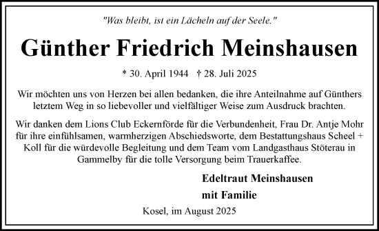 Traueranzeige von Günther Friedrich Meinshausen von Eckernförder Zeitung, Hallo Eckernförde