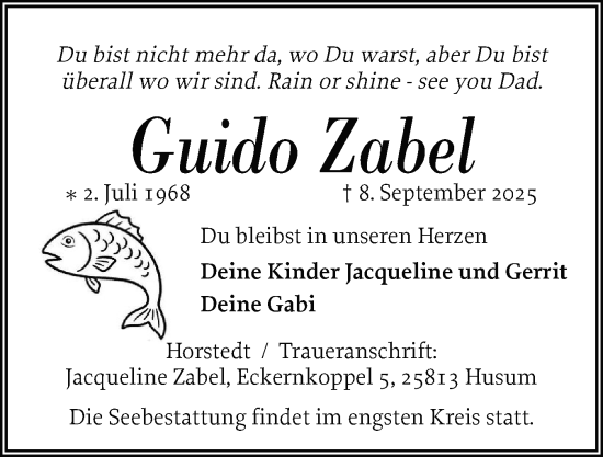 Traueranzeige von Guido Zabel von Husumer Nachrichten, Nordfriesland Tageblatt