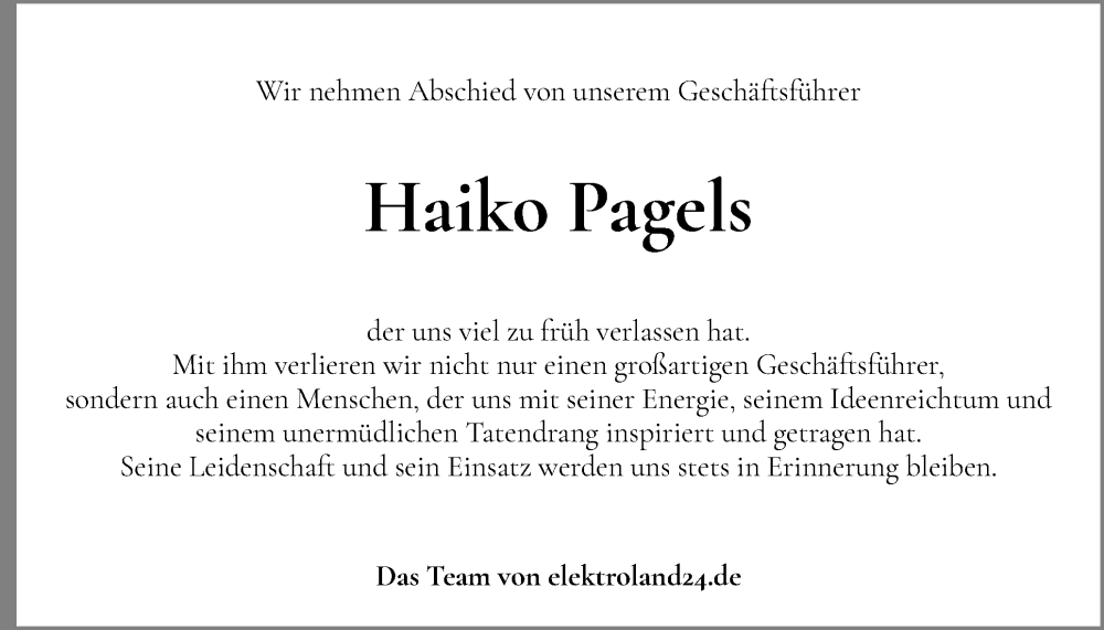  Traueranzeige für Haiko Pagels vom 08.09.2025 aus Digitale Anzeige