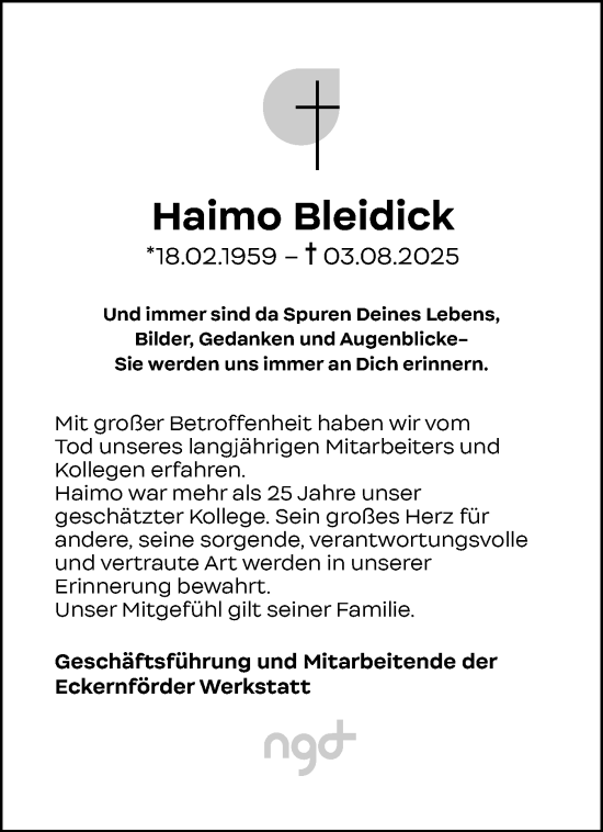 Traueranzeige von Haimo Bleidick von Eckernförder Zeitung, Hallo Eckernförde