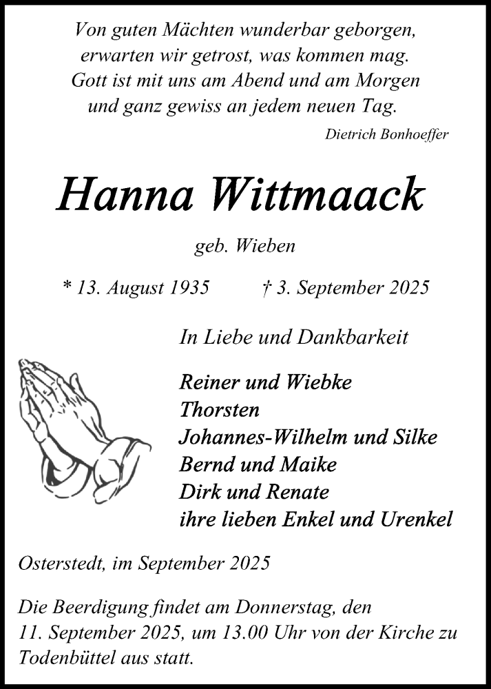  Traueranzeige für Hanna Wittmaack vom 06.09.2025 aus Schleswig-Holsteinische Landeszeitung