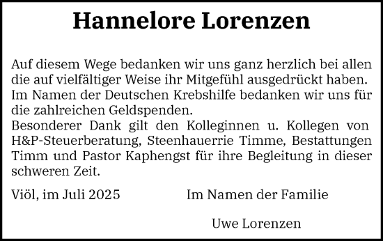 Traueranzeige von Hannelore Lorenzen von Husumer Nachrichten, Nordfriesland Tageblatt