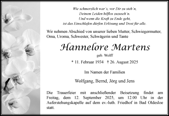 Traueranzeige von Hannelore Martens von MARKT Bad Oldesloe/Reinfeld, MARKT Ahrensburg/Bargteheide/Trittau und Stormarner Tageblatt
