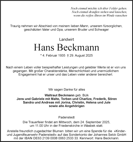 Traueranzeige von Hans Beckmann von Holsteinischer Courier