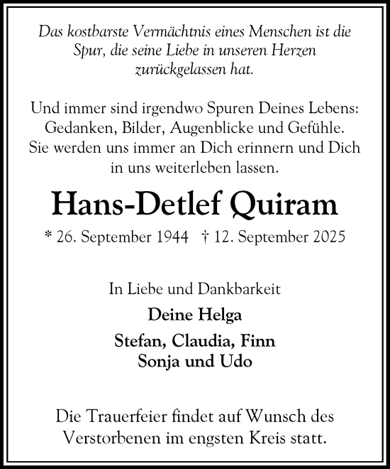 Traueranzeige von Hans-Detlef Quiram von Heimatspiegel