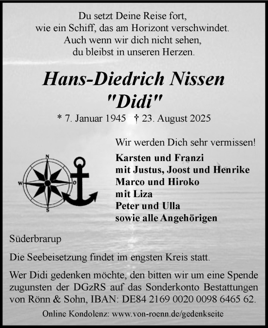 Traueranzeige von Hans-Diedrich Nissen von Schleswiger Nachrichten, Schlei-Bote