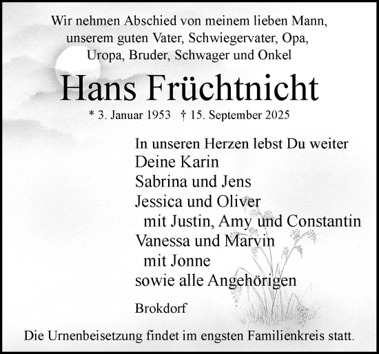 Traueranzeige von Hans Früchtnicht von Norddeutsche Rundschau, Wilstersche Zeitung, Glückstädter Fortuna