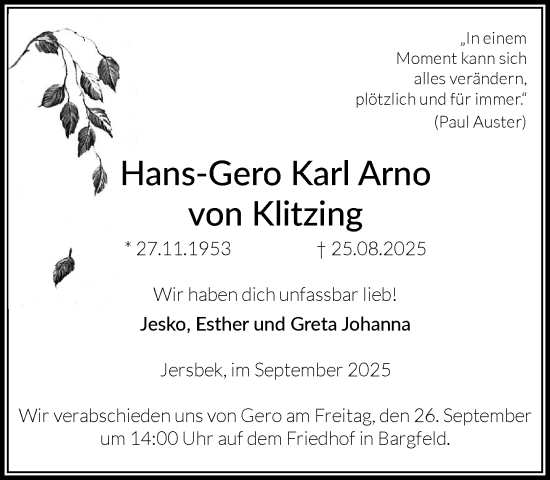 Traueranzeige von Hans-Gero Karl Arno von Klitzing von MARKT Ahrensburg/Bargteheide/Trittau und Stormarner Tageblatt