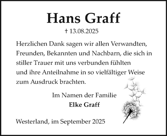 Traueranzeige von Hans Graff von Sylter Rundschau