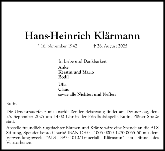 Traueranzeige von Hans-Heinrich Klärmann von Ostholsteiner Anzeiger