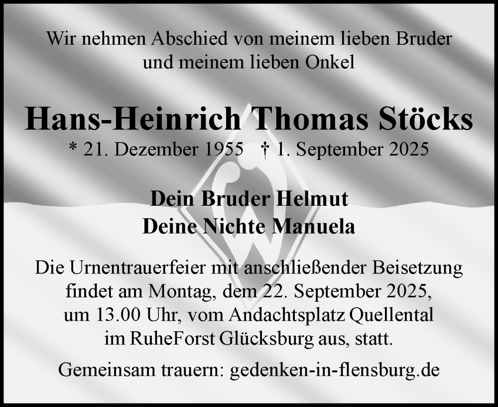  Traueranzeige für Hans-Heinrich Thomas Stöcks vom 13.09.2025 aus Flensburger Tageblatt