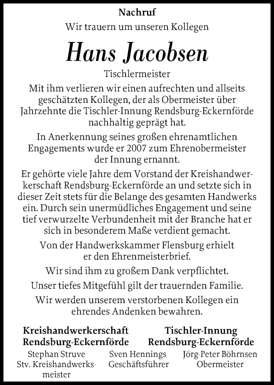Traueranzeige von Hans Jacobsen von Eckernförder Zeitung
