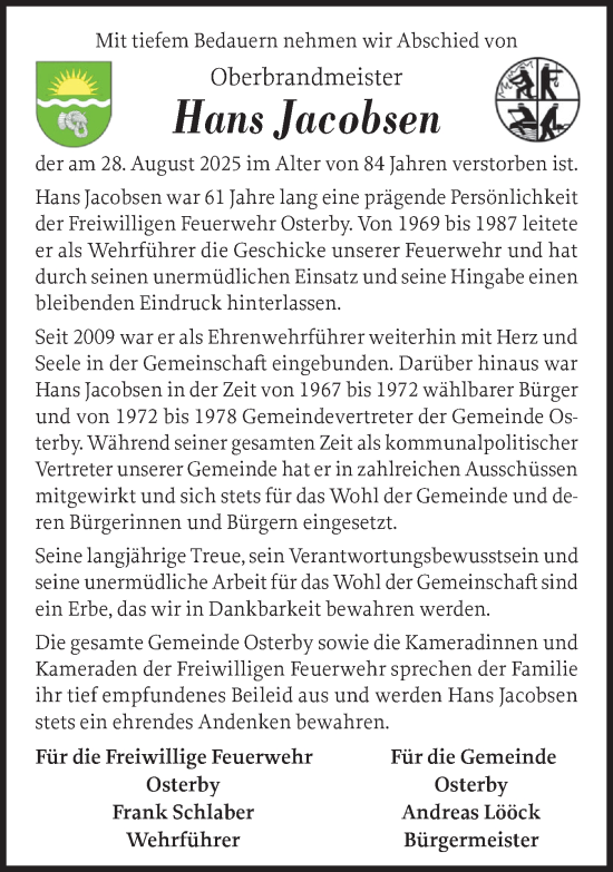 Traueranzeige von Hans Jacobsen von Eckernförder Zeitung, Hallo Eckernförde