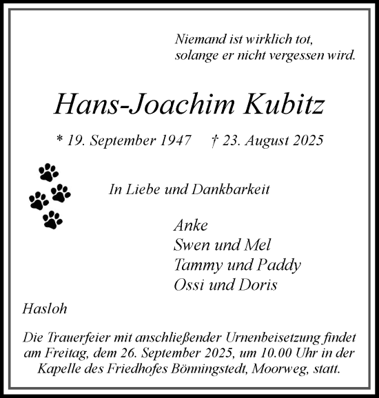 Traueranzeige von Hans-Joachim Kubitz von Region Pinneberg und tip Pinneberg