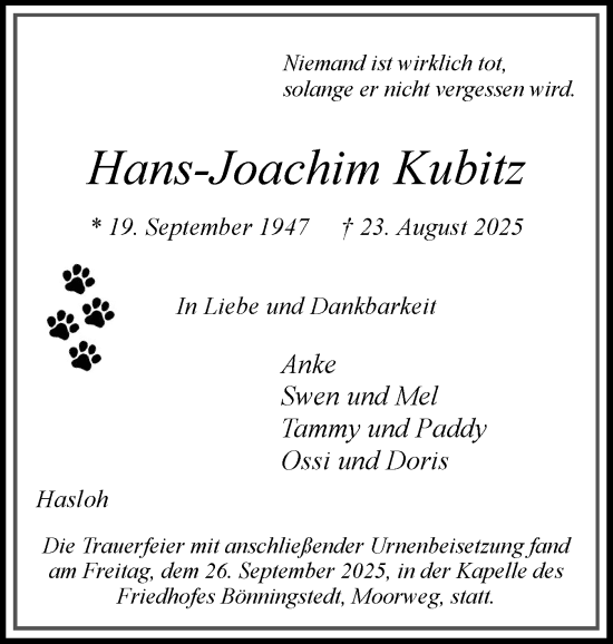 Traueranzeige von Hans-Joachim Kubitz von tip Gesamtausgabe