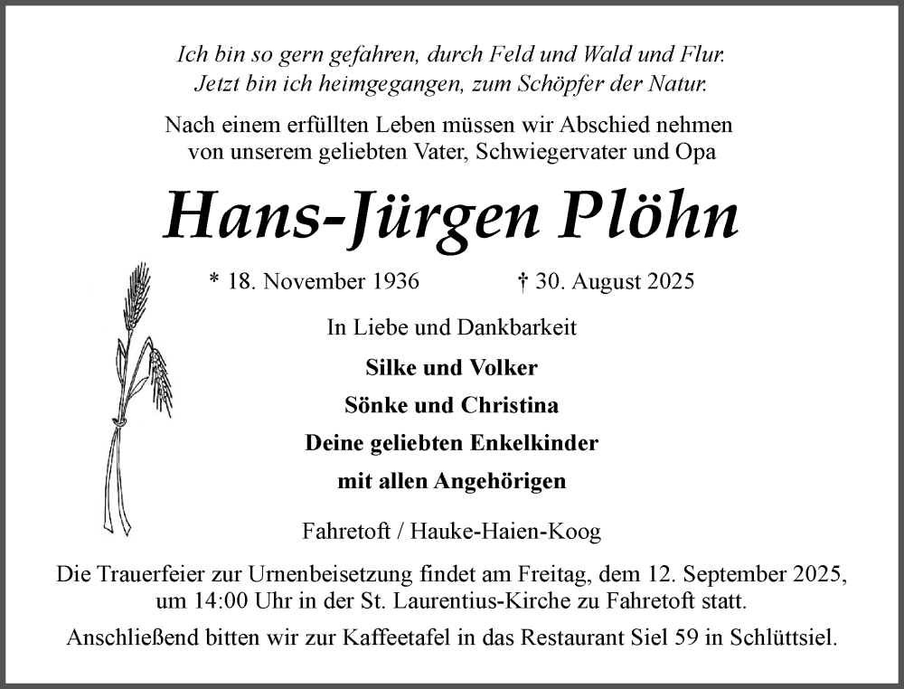  Traueranzeige für Hans-Jürgen Plöhn vom 06.09.2025 aus Husumer Nachrichten, Nordfriesland Tageblatt