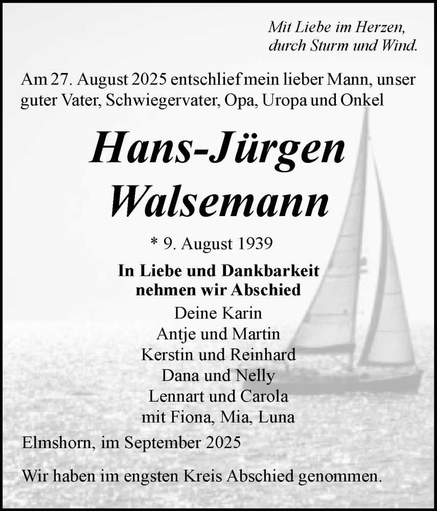  Traueranzeige für Hans-Jürgen Walsemann vom 20.09.2025 aus Elmshorner Nachrichten, Barmstedter Zeitung