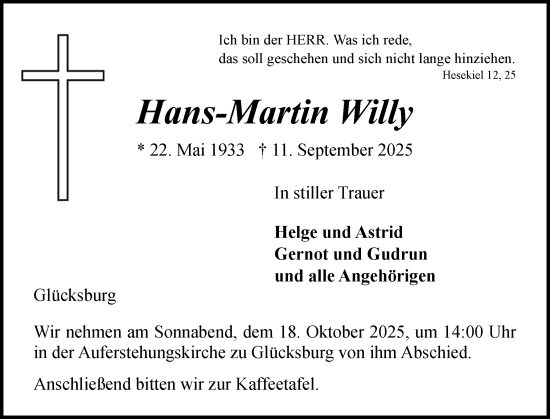 Traueranzeige von Hans-Martin Willy von Flensburger Tageblatt