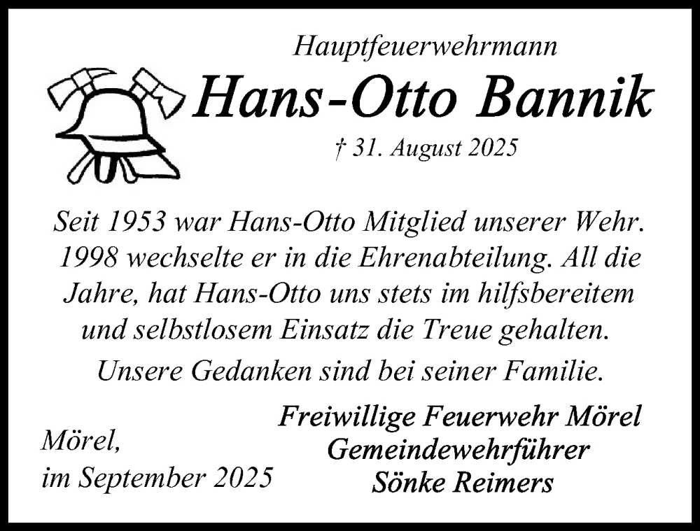  Traueranzeige für Hans-Otto Bannik vom 13.09.2025 aus Schleswig-Holsteinische Landeszeitung