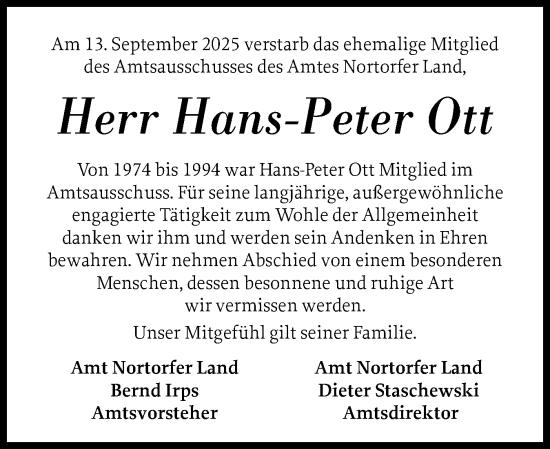 Traueranzeige von Hans-Peter Ott von Schleswig-Holsteinische Landeszeitung