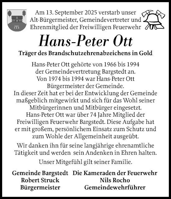 Traueranzeige von Hans-Peter Ott von Schleswig-Holsteinische Landeszeitung