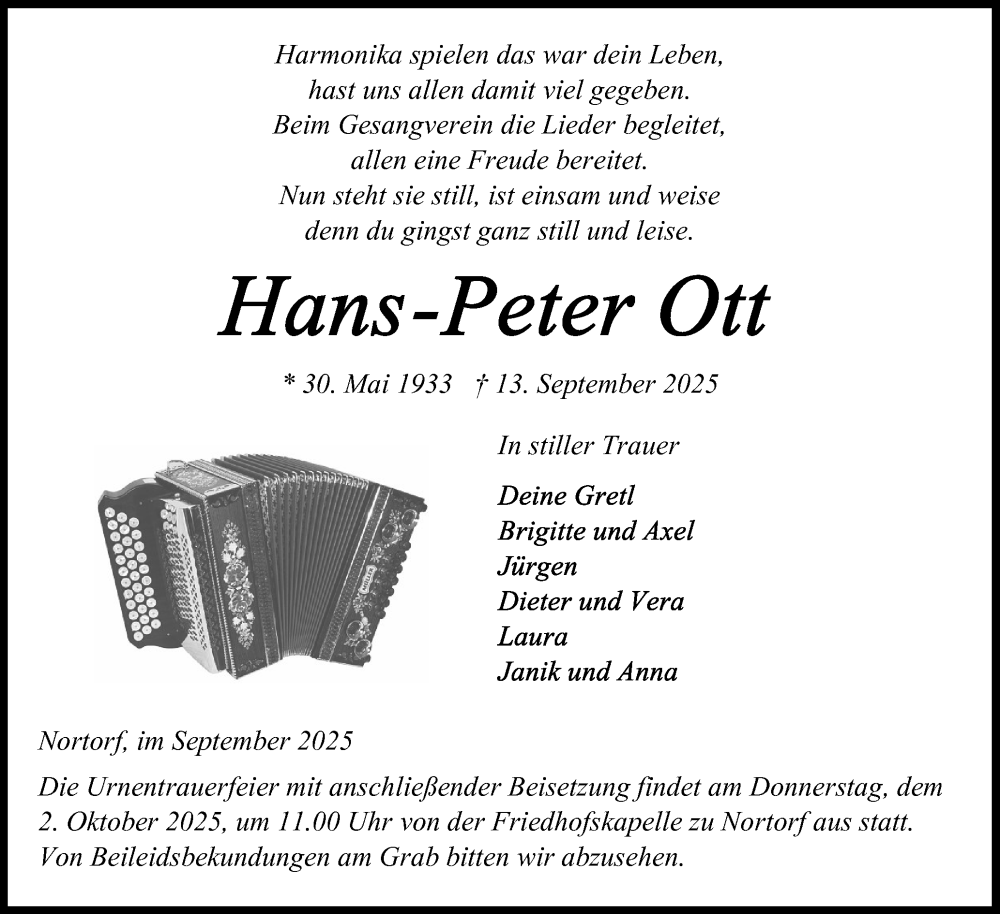  Traueranzeige für Hans-Peter Ott vom 20.09.2025 aus Schleswig-Holsteinische Landeszeitung
