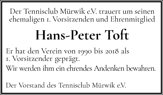 Traueranzeige von Hans-Peter Toft von Flensburger Tageblatt