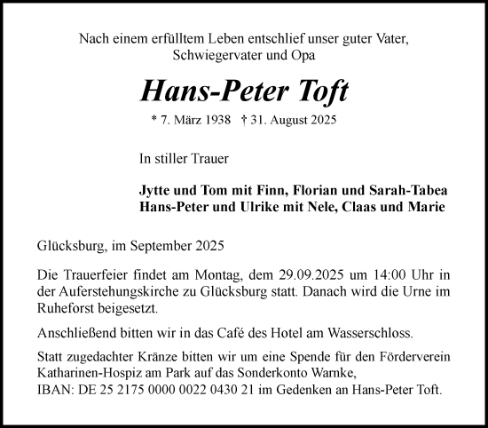 Traueranzeige von Hans-Peter Toft von Flensburger Tageblatt