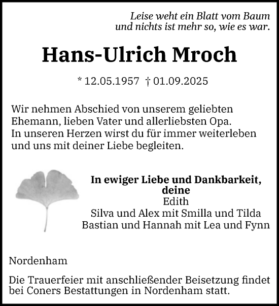 Traueranzeige von Hans-Ulrich Mroch von Wedel-Schulauer Tageblatt, tip Wedel-Schulauer Tageblatt, tip Rissener Rundschau