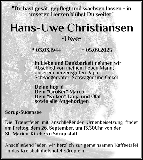 Traueranzeige von Hans-Uwe Christiansen von Flensburger Tageblatt