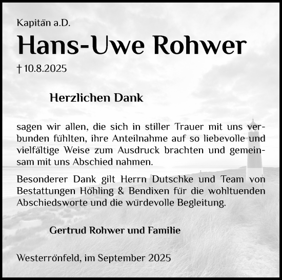 Traueranzeige von Hans-Uwe Rohwer von Schleswig-Holsteinische Landeszeitung
