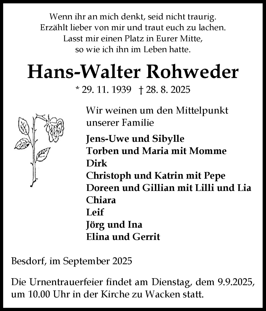  Traueranzeige für Hans-Walter Rohweder vom 06.09.2025 aus Norddeutsche Rundschau, Wilstersche Zeitung, Glückstädter Fortuna