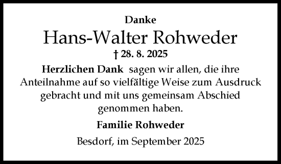 Traueranzeige von Hans-Walter Rohweder von Norddeutsche Rundschau, Wilstersche Zeitung, Glückstädter Fortuna