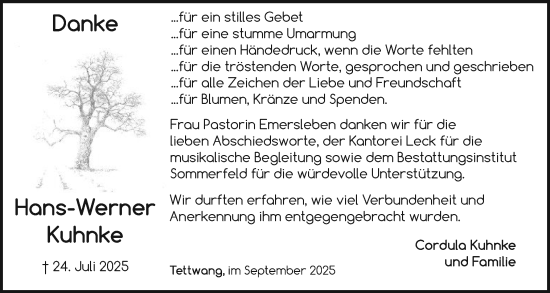 Traueranzeige von Hans-Werner Kuhnke von Husumer Nachrichten, Nordfriesland Tageblatt