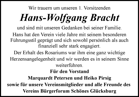 Traueranzeige von Hans-Wolfgang Bracht von Flensburger Tageblatt