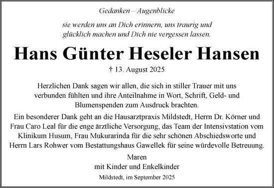 Traueranzeige von Hans Günter Heseler Hansen von Husumer Nachrichten, Nordfriesland Tageblatt