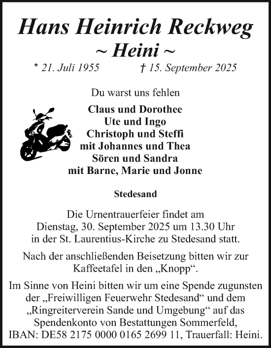 Traueranzeige von Hans Heinrich Reckweg von Husumer Nachrichten, Nordfriesland Tageblatt