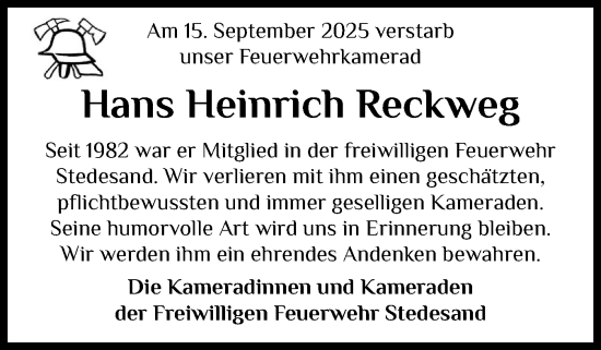 Traueranzeige von Hans Heinrich Reckweg von Husumer Nachrichten, Nordfriesland Tageblatt