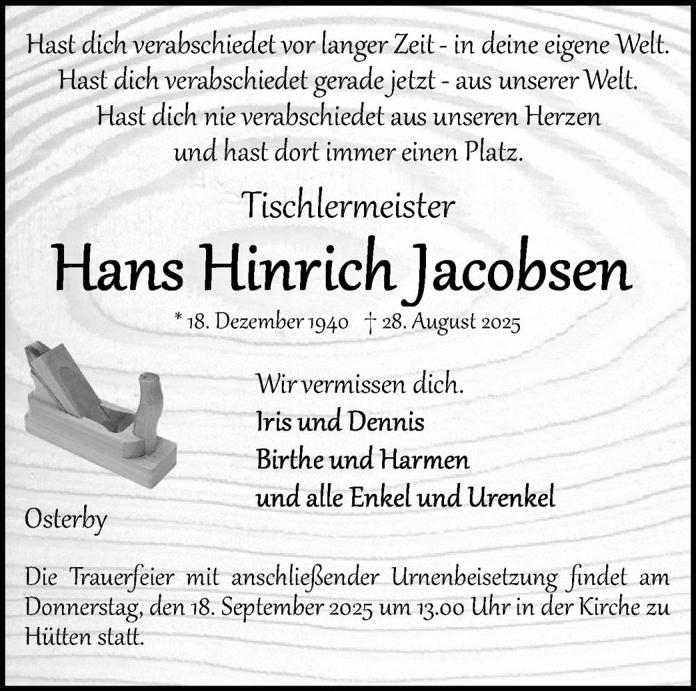  Traueranzeige für Hans Hinrich Jacobsen vom 13.09.2025 aus Eckernförder Zeitung, Hallo Eckernförde